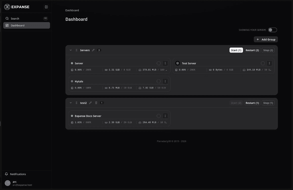 Expanse Panel server dashboard